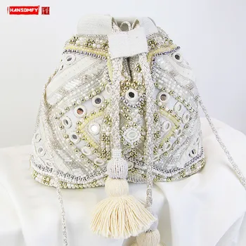 

luxury fahsion diamond bag women bag White pearl big shoulder bag ladies drawstring bucket bag soft Polyester hand beaded bag