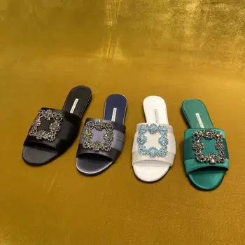 

New Hot Sale Shoes Women Elegant and sexy Women Slippers Silk Crystal Genuine Cow Leather Flats Women Slippers Zapatos De Mujer