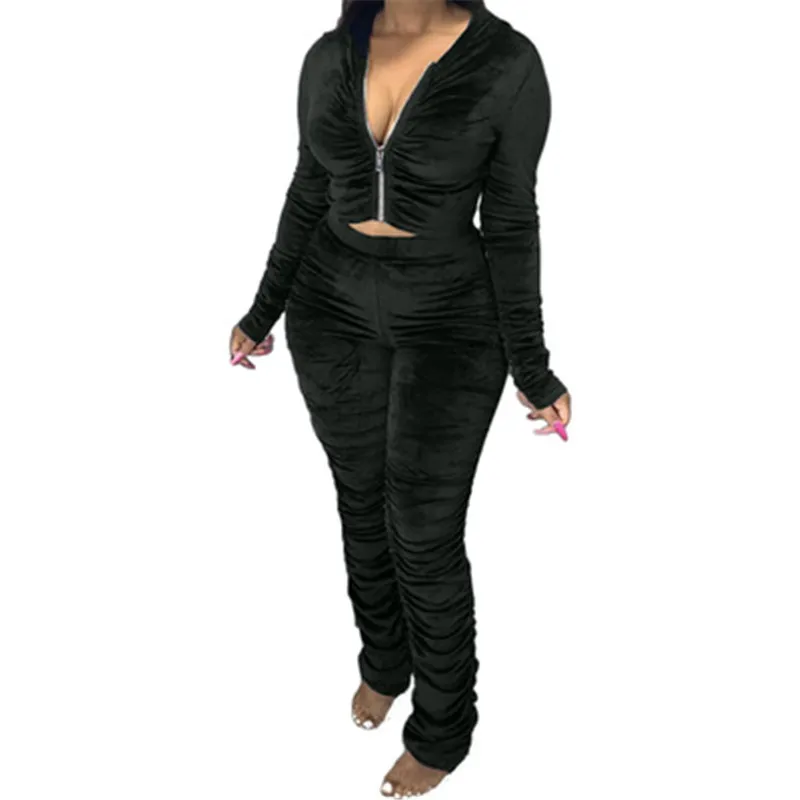 

2020 Fall New Streetwear Velvet Ruched Bodycon Hoodies Jumpsuit Women Active Stacked Zipper Hooded Romper One Piece Overall