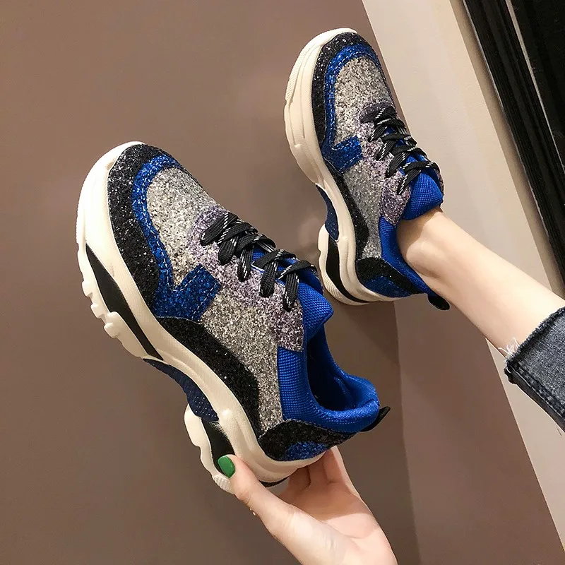 

2019 New Luxury Rhinestones Sneakers Lace Up Flat Shoes Woman Bling Mixed Color Crystal Paillette Cozy Women Casual Shoes