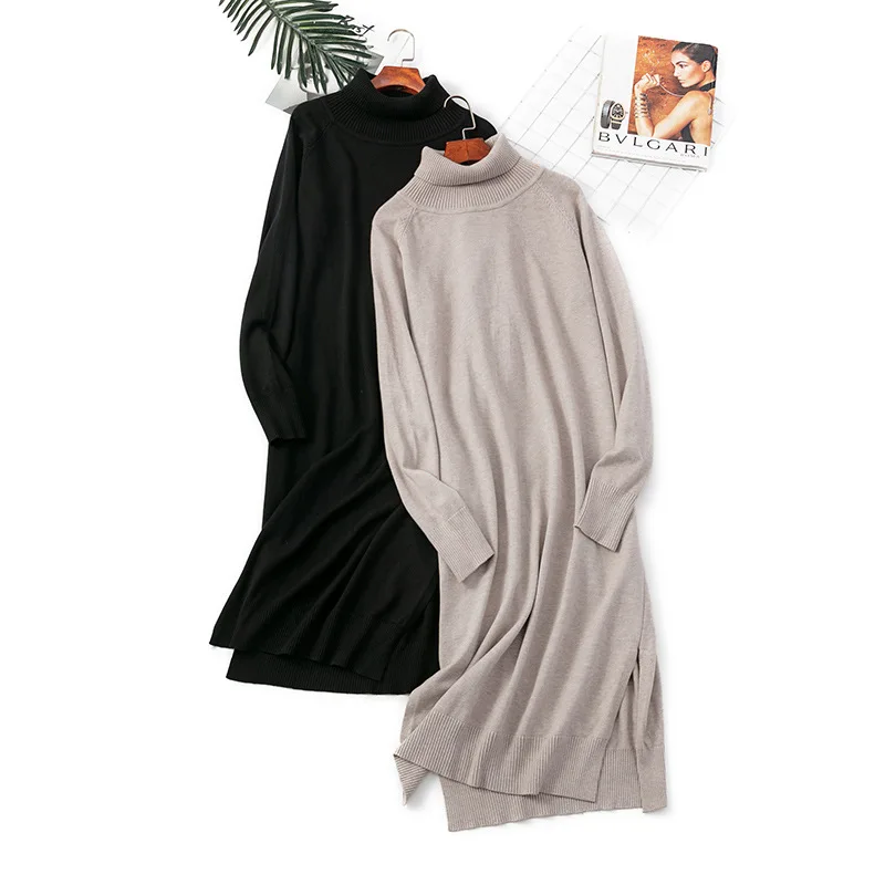 Ovesized повседневное женское вязаное Свободное длинное платье макси с высоким воротом, осенне-зимний свитер, вязаное платье, Черное длинное платье