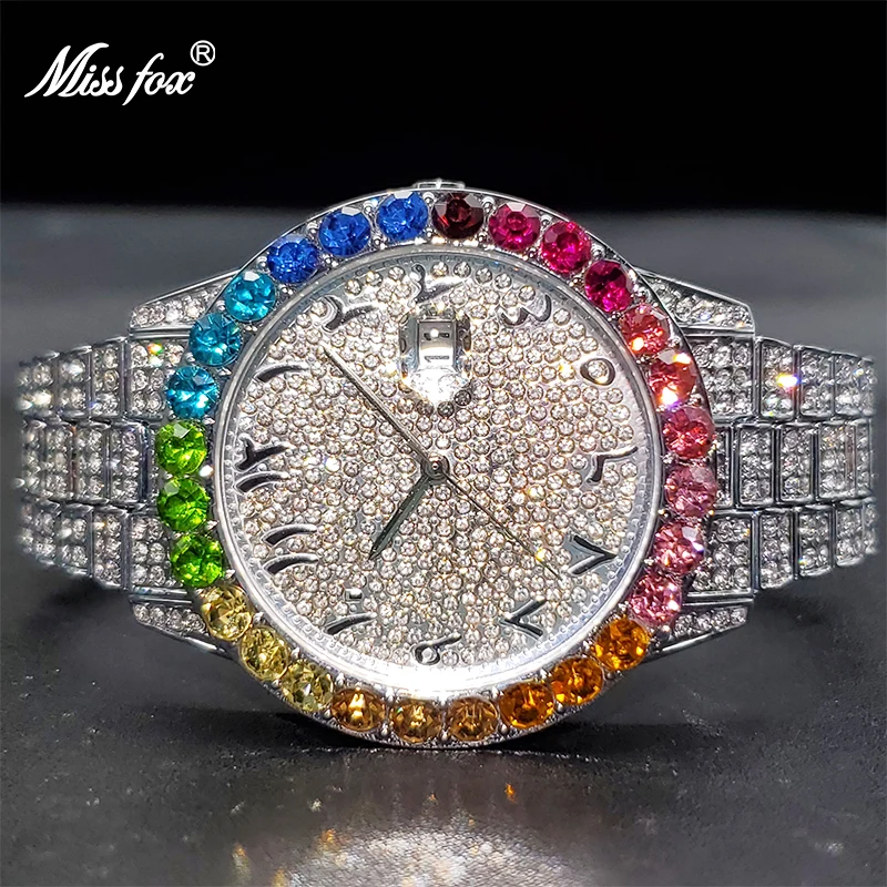 

Relojes De Cuarzo De Hombre MISSFOX Classic Rainbow Bezel Bold Design Diamond Timepieces Calendar 2021 New Generation Of Watches