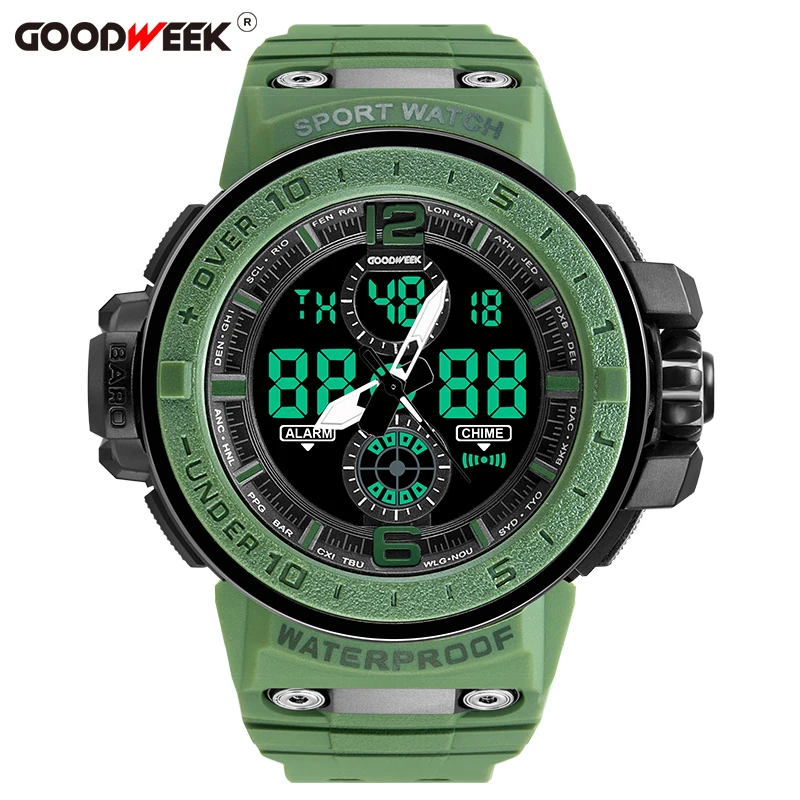 GOODWEEK военные мужские спортивные часы водонепроницаемые мужские светодиодные кварцевые часы многофункциональные часы с двойным дисплеем Relogios Masculino - Цвет: army green