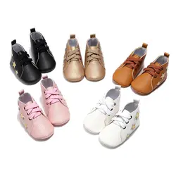 Обувь для девочек, ПУ мокасины из искусственной кожи, осенне-зимняя детская обувь, ботинки с принтом звезды, обувь для малышей 0-24 месяцев