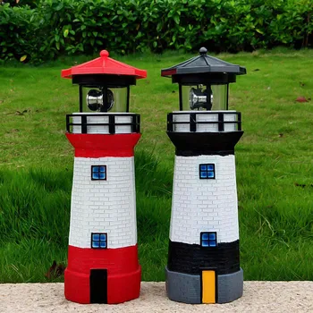 

White and Blue Lighthouse statutte with Rotating Lamp Outdoor Decorative LED Lights for Garden Patio Lawn