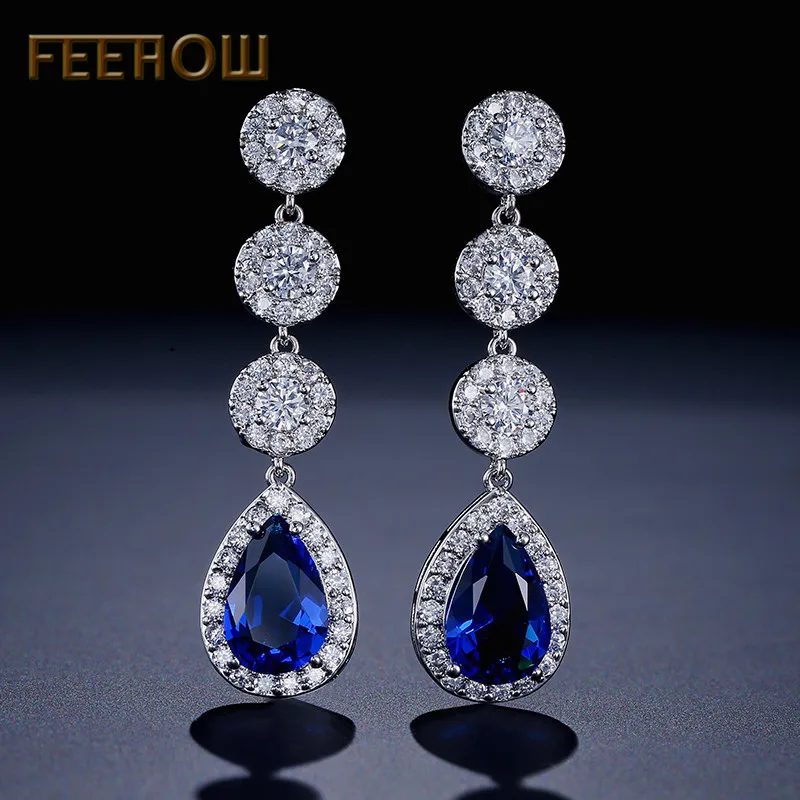 FEEHOW, классические, прозрачные, AAA, кубический циркон, капля воды, длинные, модные серьги-подвески для женщин, для свадьбы, ужина, вечерние, ювелирные изделия, FWEP2008 - Окраска металла: Blue 4