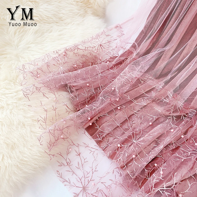 YuooMuoo Good Quality Embroidery Beading Pleated Skirt Autumn Winter Women Velvet Lace Skirt Fashion Ladies Midi Pink Skirt