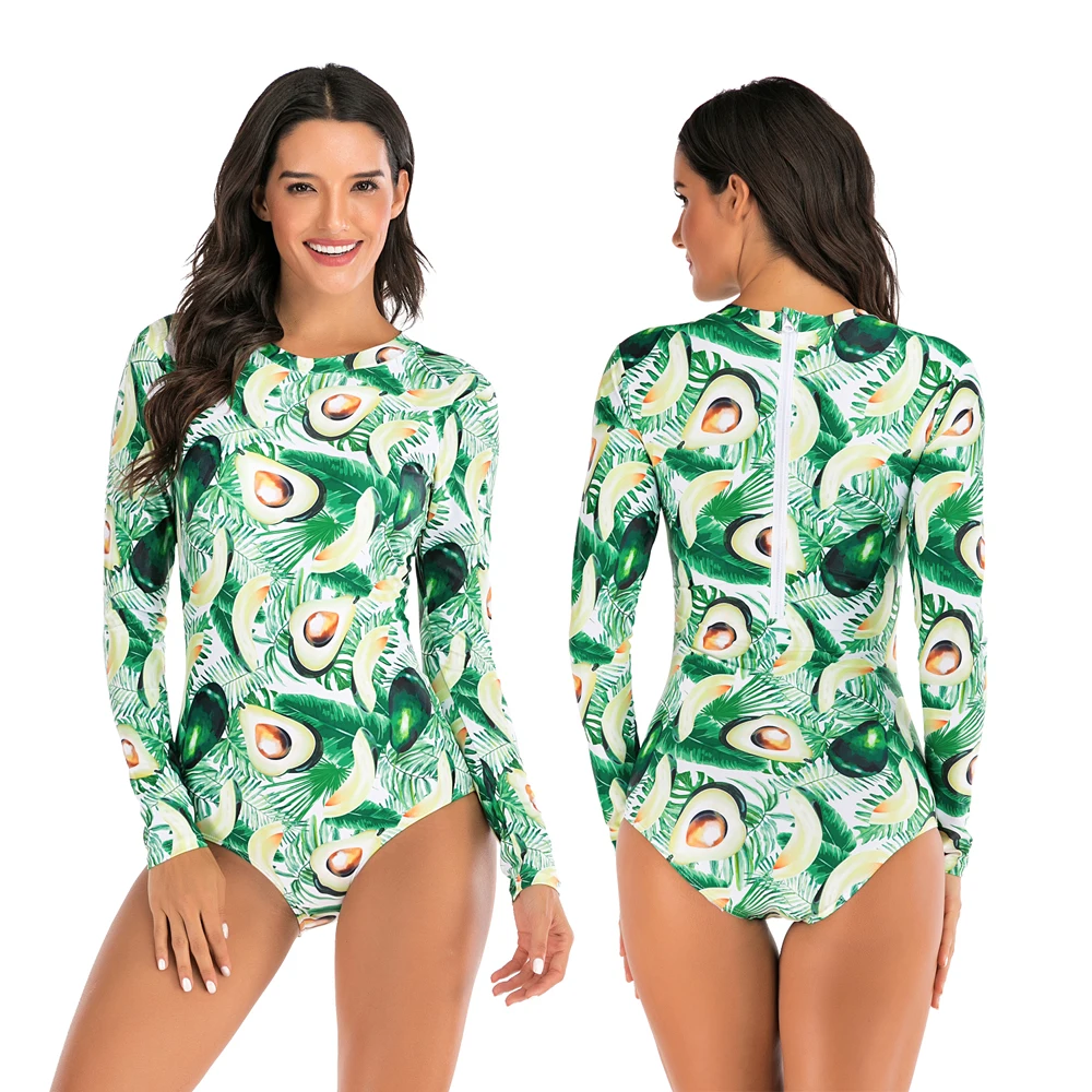 

2020 Long Sleeves Rash Guard Women Surf Swimwear Avocado One Piece Swimsuit For Diving UV Swimming Shirt Plavky Rashgard Wetsuit