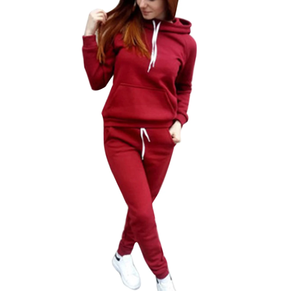 Повседневный Спортивный костюм, Женская толстовка с капюшоном, Толстовка и штаны на шнурке, комплект женской одежды, теплый зимний женский комплект из 2 предметов размера плюс - Цвет: Red