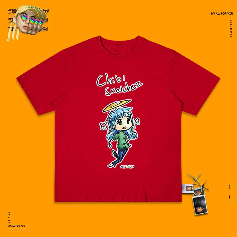 Billie Eilish ручной Doodle Половина рукава запах девушка Хай-стрит Ins короткий рукав стандарт отправки экземпляров Chao Корея оказание без подкладки верхняя одежда - Цвет: red
