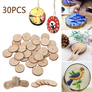 

0.5Cm Thick 1 Pack 30 Pcs Natural Wooden Round Unfinished Wood Slices Circles With Tree Bark Log Discs DIY Crafts Wedding Party