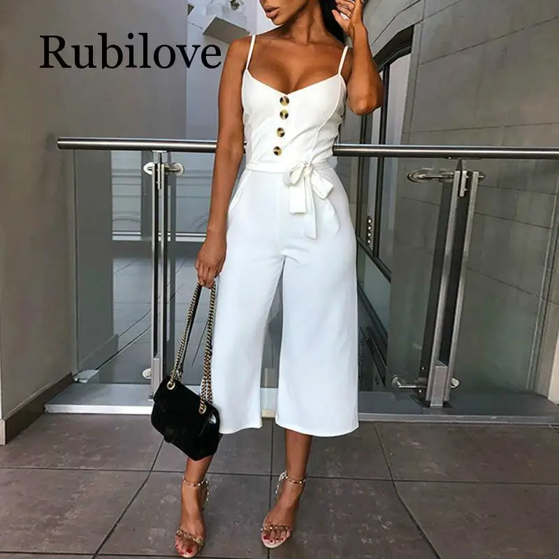 

Rubilove Summer Sexy Jumpsuits Women Rompers Elegant Belt Bandage Buttons Casual Wide Leg Pant Jumpsuit Overalls White Plus Size