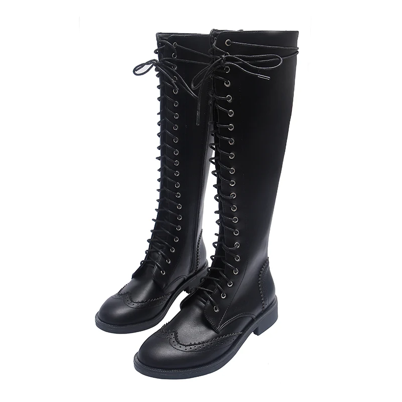 Fabric Inside Black B1-5, размеры 31-43, черные ботинки на шнуровке из искусственной кожи для девочек-подростков женские сапоги до колена женская обувь на плоской подошве женская обувь - Цвет: Fabric Inside Black