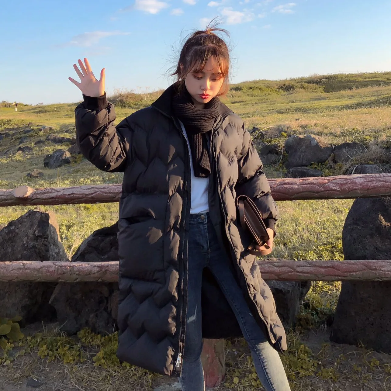 

Photo Shoot INS Three-Color Mid-length BF Stand Collar down Coat BF Laziness-Style Different Couples Cotton Coat Coat Women's