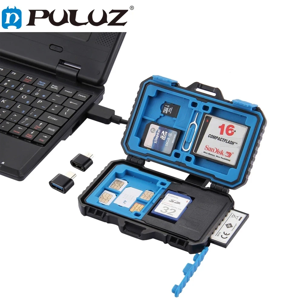 PULUZ Card Reader+22 in 1 Waterproof Memory /SD Case Storage Box for 1Standard SIM+2Micro-SIM+2Nano-SIM+7SD+6TF+1CARD PIN | Электроника