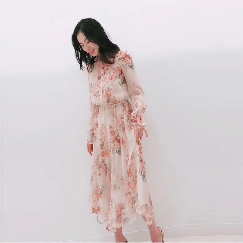 Kpop Blackpink Jisoo same Korea свежий сладкий темперамент шифоновое платье с цветами женские летние уличные модные платья с длинными рукавами