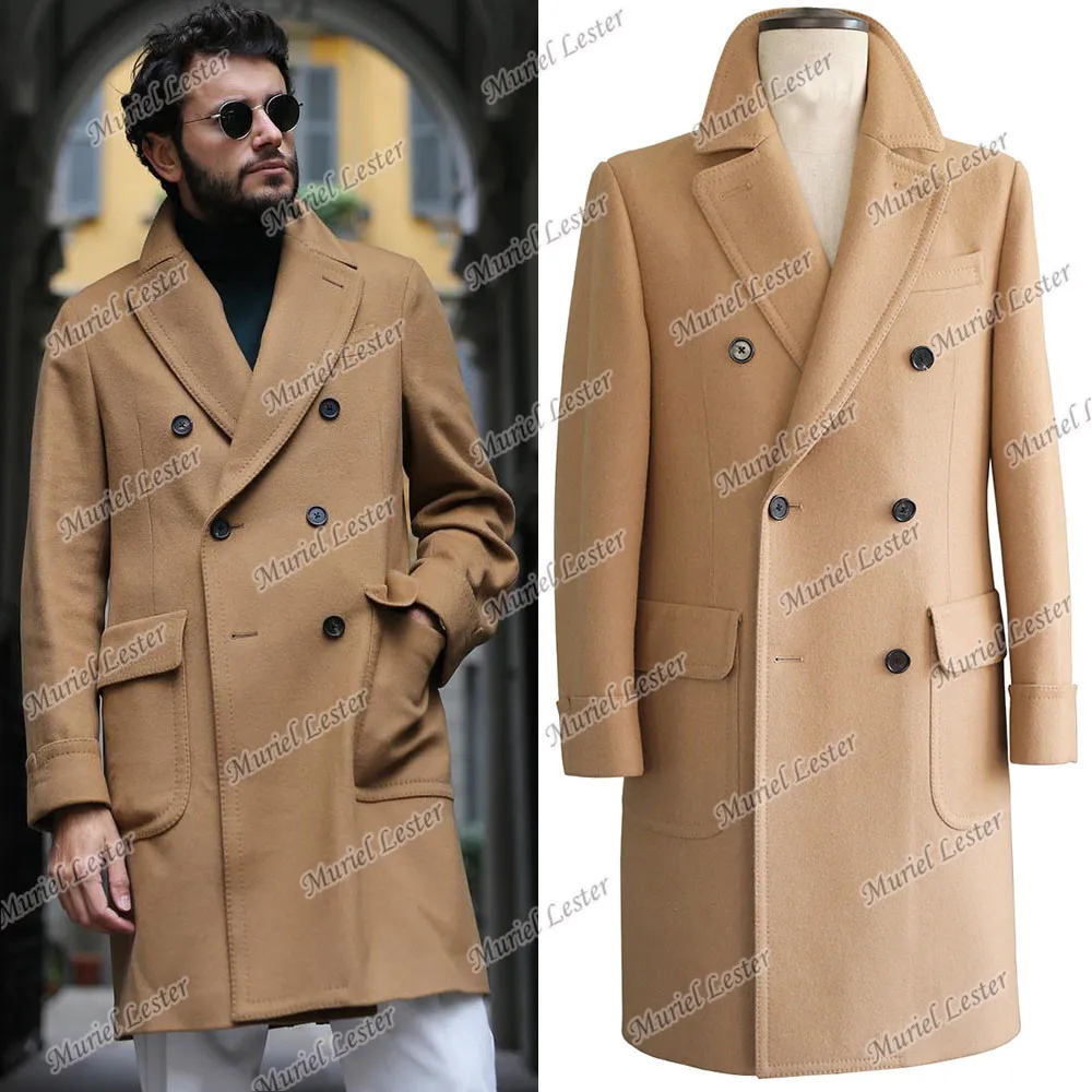 Autumn/Winter Double Breasted Men Jackets Custom Made Brown/Khaki Tweed Wool Blends Long Overcoat Slim Fit Peaked Lapel Coat | Мужская
