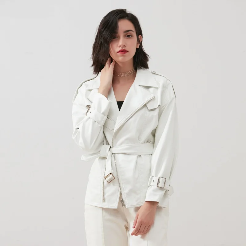 para outono, jaqueta feminina de couro fino e branca