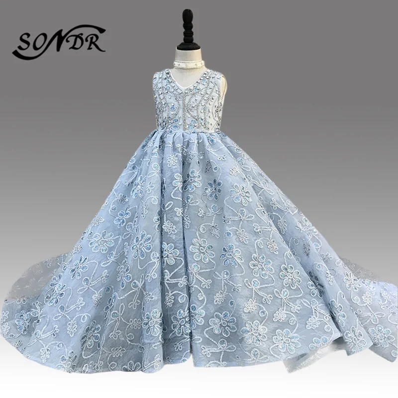 

Flower Girl Dress Sky Blue HT157 Shining Crystal Girls First Holy Communion Dresses Train V-neck Lace Flower Girl Pageant Dress