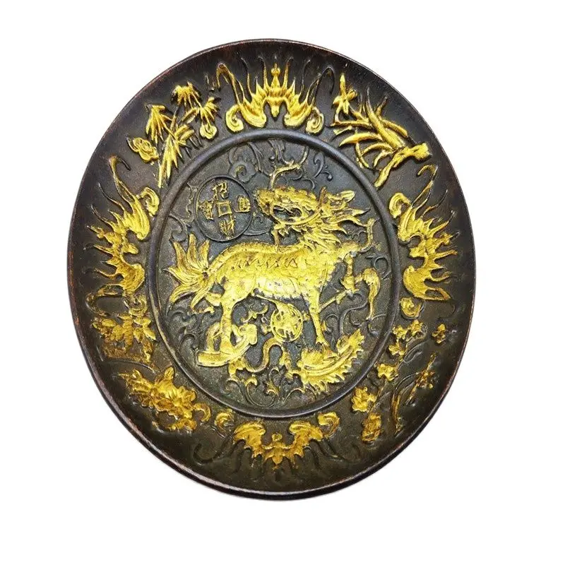

Chinese Old Copper Statue Of Writing-Brush Washer Gilded Gold Relief Embossed Unicorn Pattern Dish Copper Pattern Plates