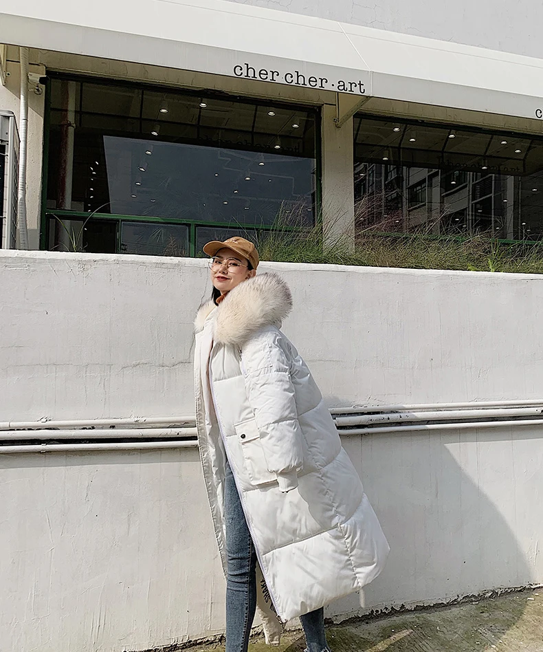 Solid Fur Hooded Long Down Coat Women Harajuku Winter Loose Windproof Thicken Down Jackets Female Korean Plus Size Parka Coats