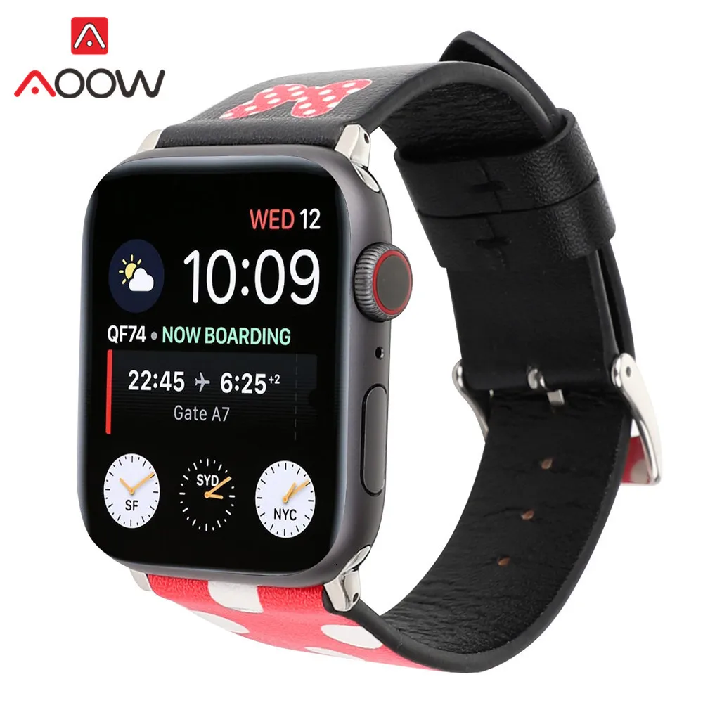 Ремешок для часов из натуральной кожи для Apple Watch 4, 40 мм, 44 мм, 38 мм, 42 мм, браслет с принтом Микки Мауса, ремешок для iwatch 1, 2, 3