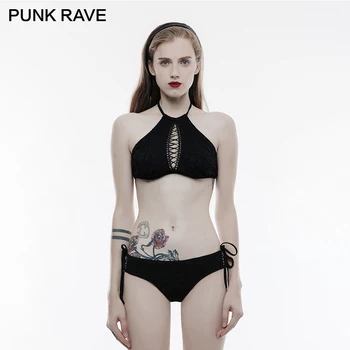 

PUNK RAVE Gothic Lolita Women Laced Top Tanks Elastic Knitted Straps Beach Clothing Holiday Party High Elastic Sexy Tops
