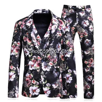 

Men Suit Suit Three-piece Set Autumn Printing Slim Fit Host Performance