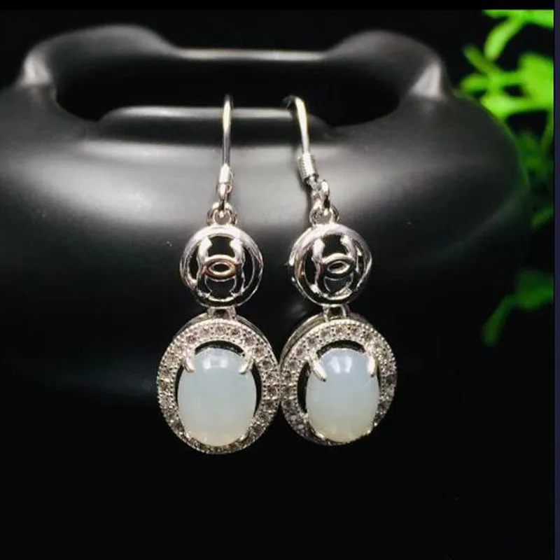 Unique 925 Sterling Silver Natural Hetian White Jade Drop Earrings Lucky Hook Fine Jewelry For Women Brincoss