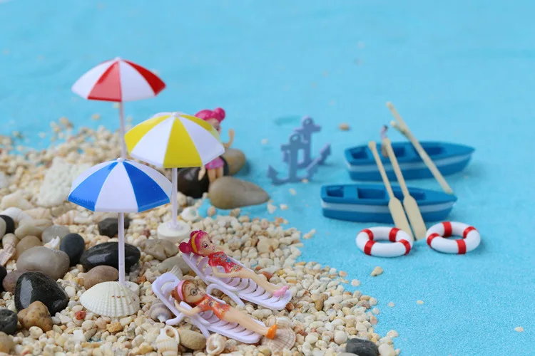 Beach Style Miniatures 12PCS Set Lift Buoy Starfish and Shell DIY Fairy Garden Dollhouse Accessories Decor Beach Umbrella Boat Deck Chair
