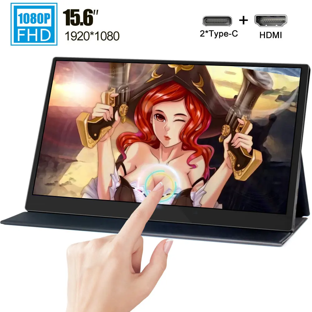 

15.6 inch 1080p type c Touch monitor miniHD 1920x1080 touchscreen display with Leather case for laptop phone computer MacBook NS