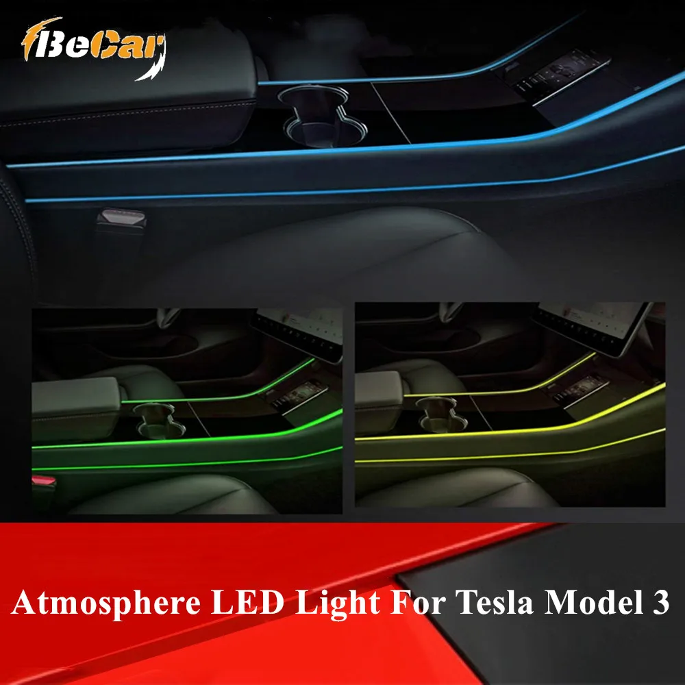 BeCar 1 Pc Center Console Lamp App Control Atmosphere Light for Tesla model 3 Multi Color LED Light Car Interior  Light Strip