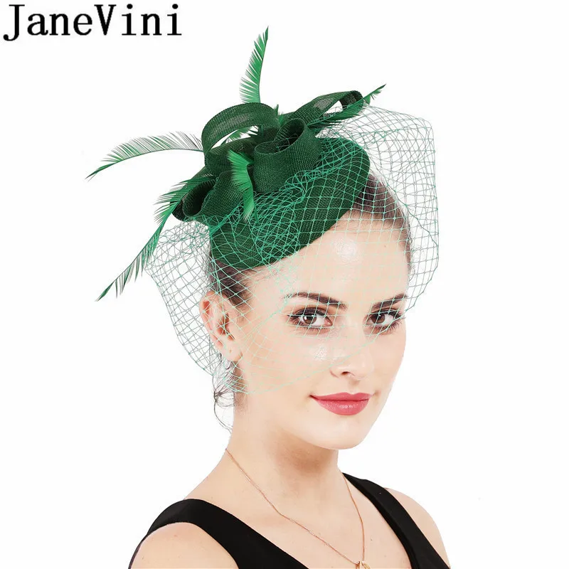 

JaneVini Black Red Green Feathers Wedding Hats Fascinators Church Bridal Hat with Birdcage Net Face Veil Party Cocktail Hairwear