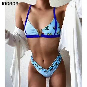 

INGAGA Thong Bikinis High Leg Swimsuits Swimwear Women V-neck Biquini Blue Ruched Bathing Suits 2020 Butterfly Printed Beachwear