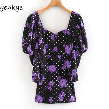 

Summer 2020 Women Vintage Polka Dot Floral Print Mini Dress Female Backless V Neck Lantern Sleeve Sexy Dress XNGC9670