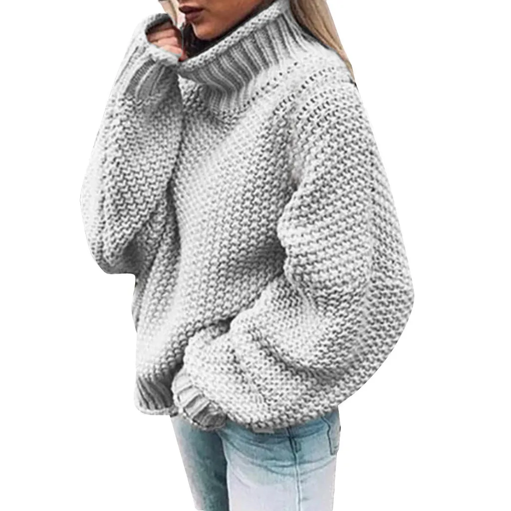 Модный вязаный свитер женский Водолазка длинный рукав пуловеры женский Однотонный свитер свободные свитера оверсайз# J30 - Цвет: Серый
