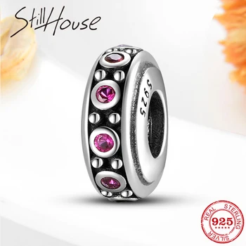 

Pink Zircon Authentic 925 Sterling Silver round shape Spacer Stopper Bead Fit designer charms for bracelets bangles fine Jewelry