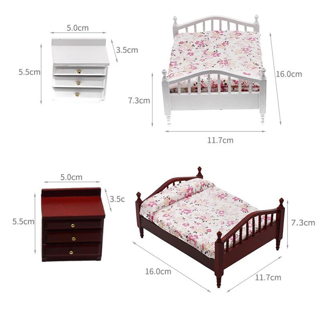 1:12 Dollhouse Miniature Mini Furniture Double Bed Bedside Table Decor