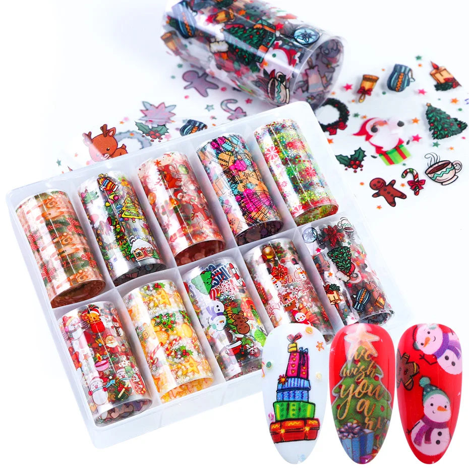 10 рулонов/коробка Рождественская Фольга для ногтей 100 см переводные наклейки мультфильм дизайн ногтей клей гель обертывания наклейки украшения TRMC01
