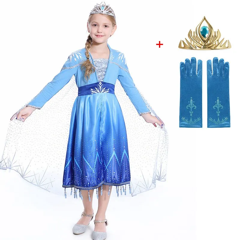 VOGUEON, новое платье принцессы Эльзы 2 для девочек, костюм Снежной Королевы на Хэллоуин, карнавал, вечеринку, одежда детское синее пальто с длинными рукавами - Цвет: Elsa Coat Set 02