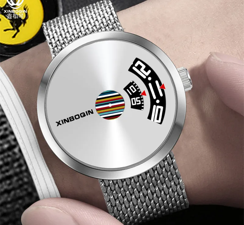 Milanese Silver Абсолютно дизайн, без указателей, концепция, часы для мужчин, креативные Кварцевые водонепроницаемые часы, настоящая кожа, радужные наручные часы, миланские - Цвет: Milanese Silver