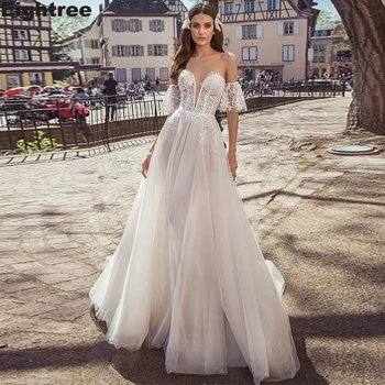 

Eightree Charming Off Shoulder A Line Wedding Dresses V Neck Lace Appliques Country Bride Wedding Gowns Vestido De Novia