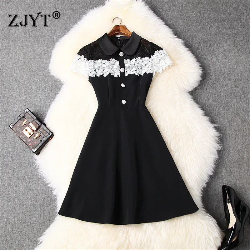

2020 New Fashion Runway Designers Summer Dress Woman Clothes Elegant Short Sleeve White Black Color Block Lace Patchwork Dress