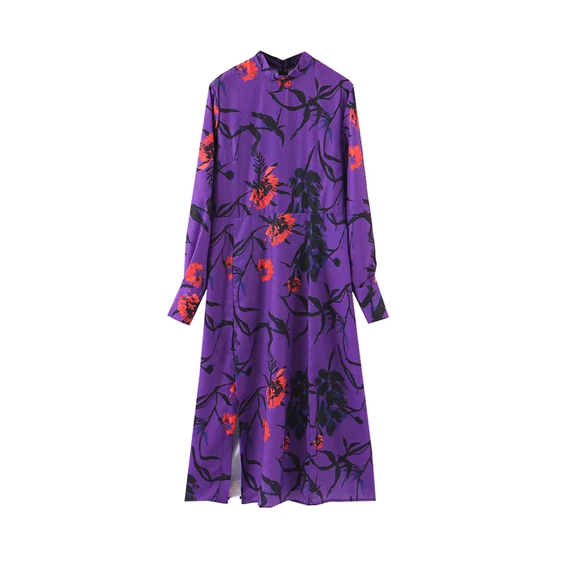 

women purple floral print midi dress long sleeve back zipper split female stylish mid calf dresses vestidos