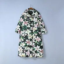 Европейская и американская женская одежда зима стиль длинный рукав с отворотом Лилия печати утолщенный модный длинный пуховик