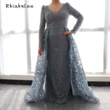 Очаровательные вечерние платья Дубаи синего цвета, роскошные вечерние платья с длинным рукавом и v-образным вырезом, Сексуальные вечерние платья ручной работы с цветами и кристаллами