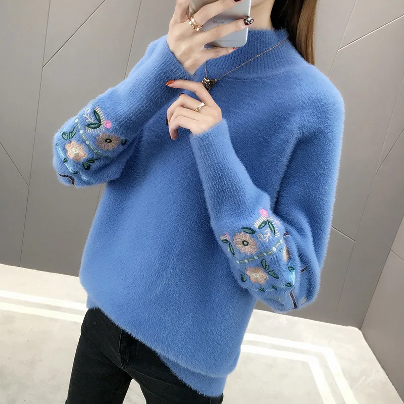 Mink Velvet Knitted Sweaters Women 2022 New Autumn Winter Korean Embroidery Pullover Female Thicken Long Sleeve Tops | Женская одежда