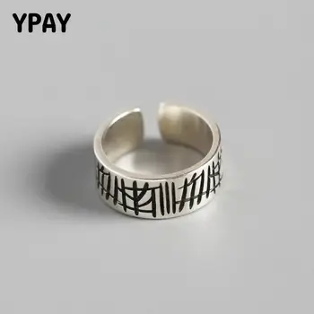 

YPAY Real 925 Sterling Silver Open Rings Women Ladies Creative Design Irregular Carving Graffiti Wide Ring Fine Jewelry YMR731