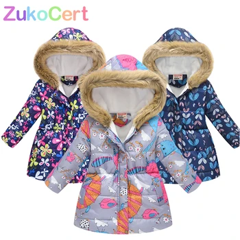 

ZukoCert Winter Jacket for Girls Hooded Print Outwear Wool Snowsuit Kids Jackets Windproof Boys Long Thicken Coats