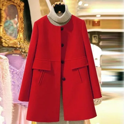 Fionto Новинка весна осень плюс размер шерстяное пальто женское свободное A-aline с длинным рукавом o-образным вырезом средней длины черное желтое корейское пальто - Цвет: red coat